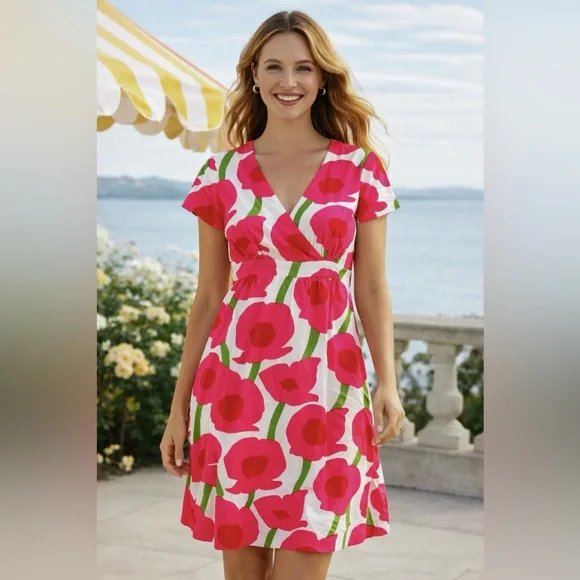 Boden Vibrant Carnation Pink/Kelly Green Cotton dress, 10, MSRP $119 - Picture 1 of 11